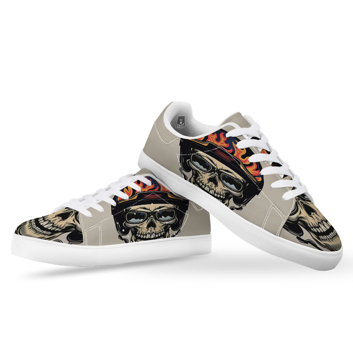 Skull Biker Helmet Vintage Print White Low Top Sneakers-grizzshop