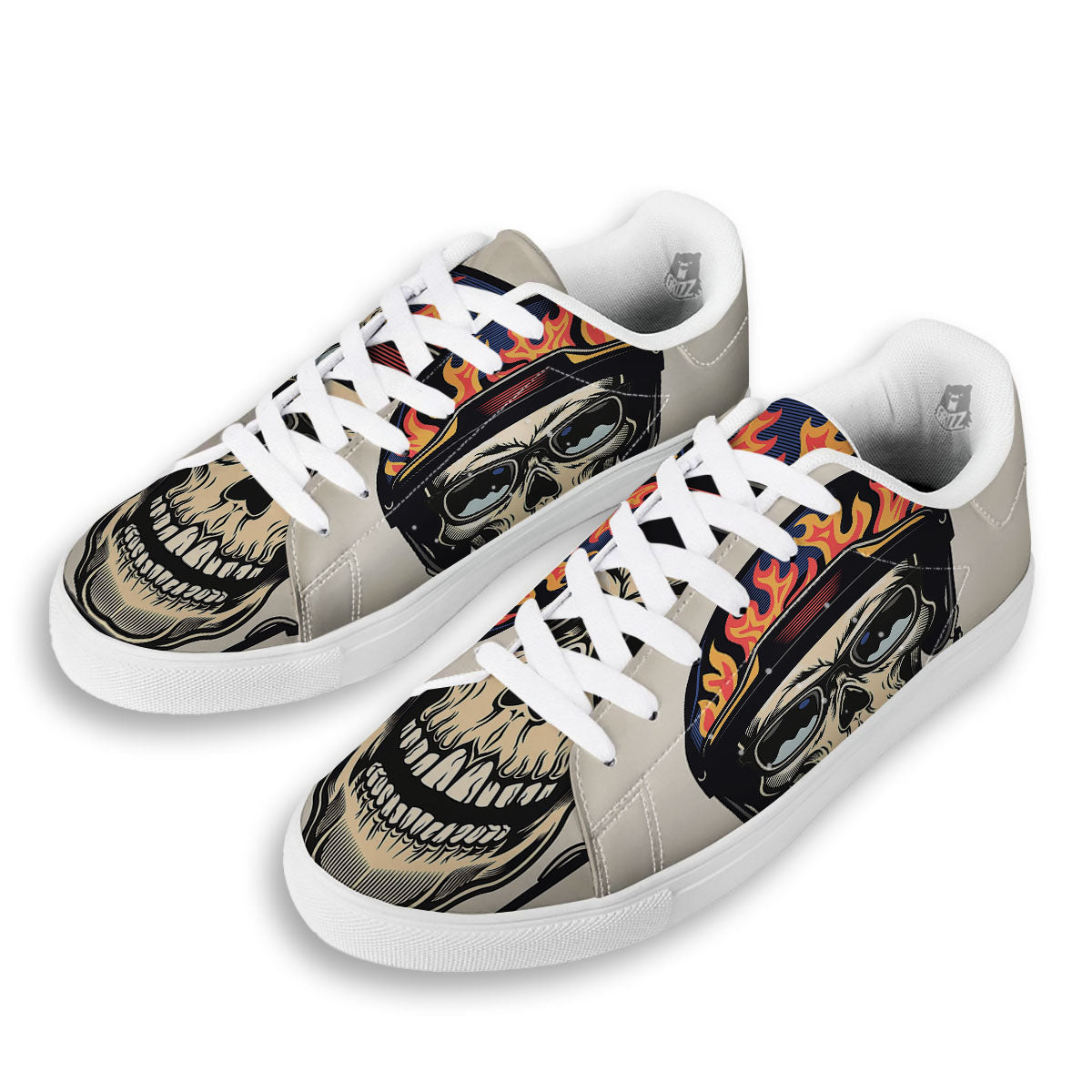 Skull Biker Helmet Vintage Print White Low Top Sneakers-grizzshop