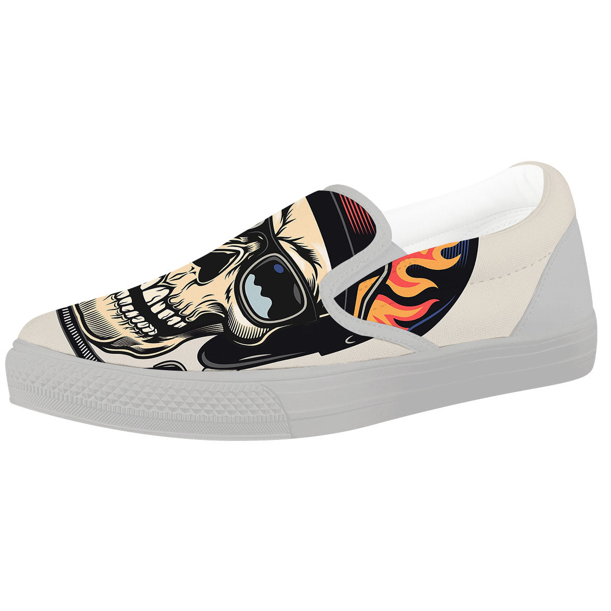 Skull Biker Helmet Vintage Print White Slip On Shoes-grizzshop