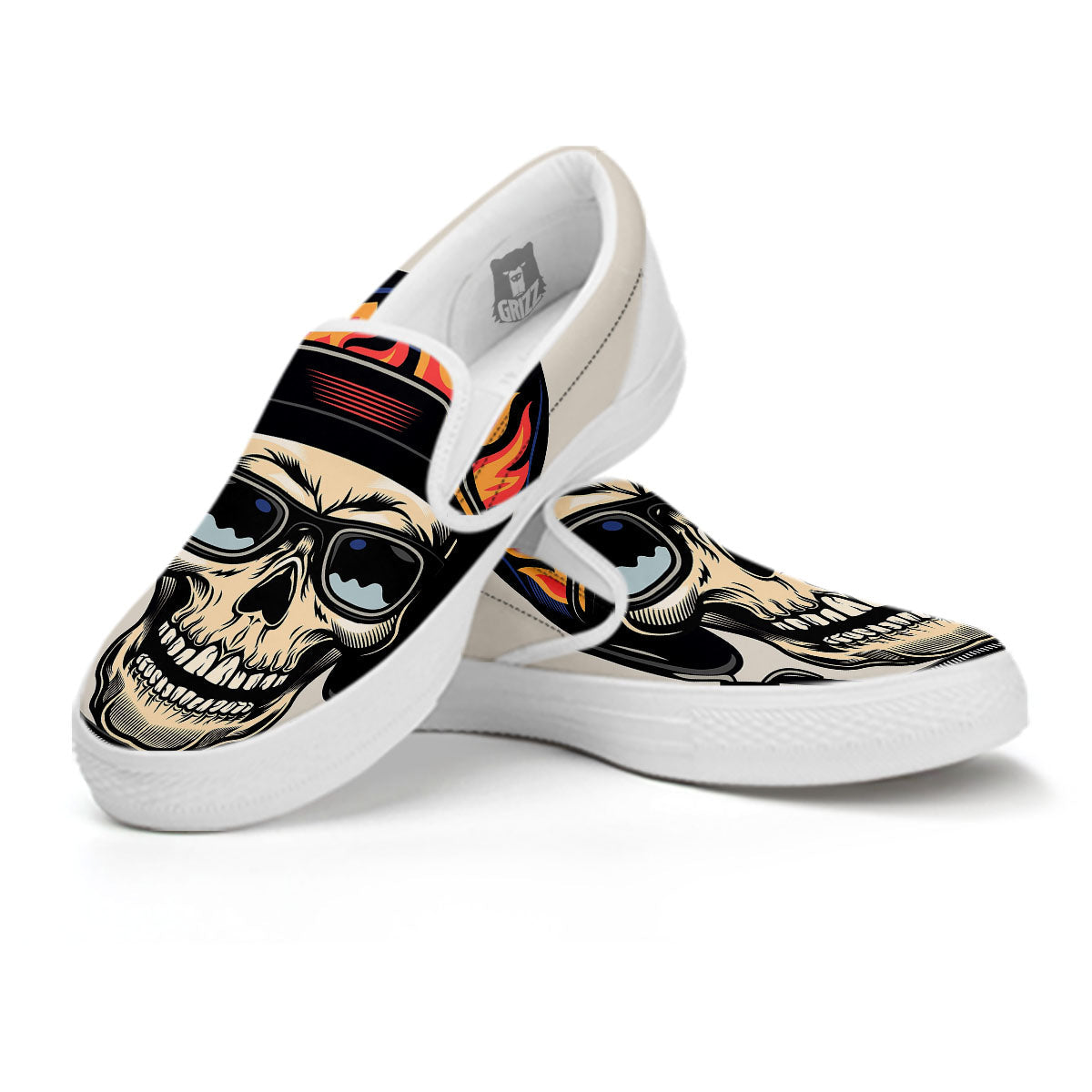 Skull Biker Helmet Vintage Print White Slip On Shoes-grizzshop