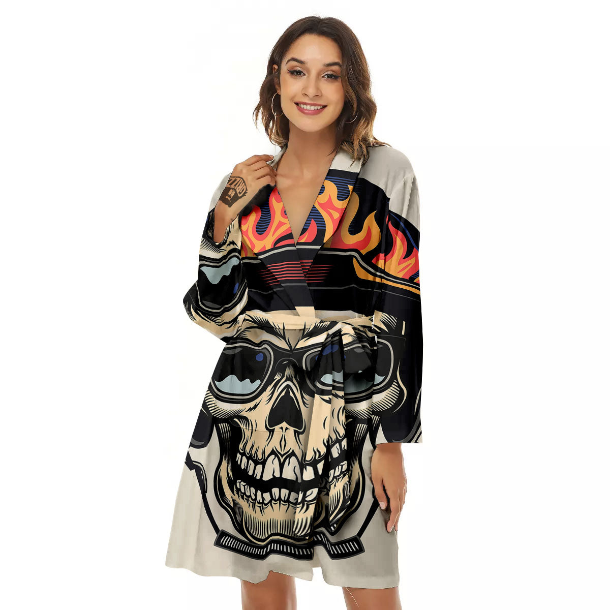 Skull Biker Helmet Vintage Print Women's Robe-grizzshop