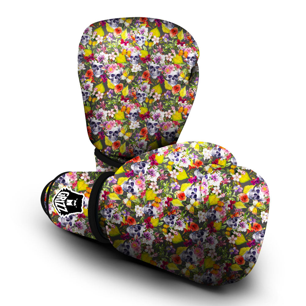 Skull Blossom Flowers Print Pattern Boxing Gloves-grizzshop