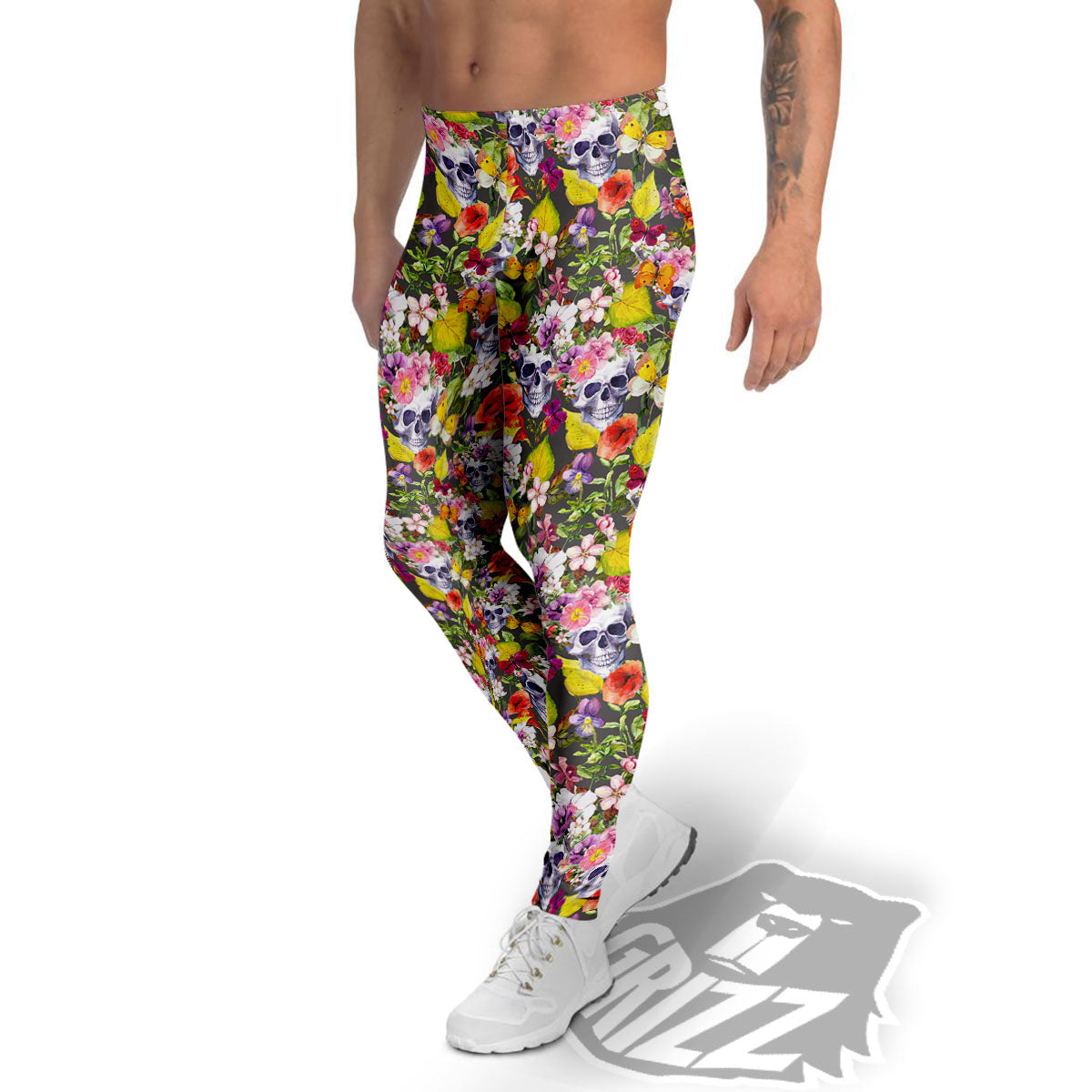 Skull Blossom Flowers Print Pattern Men's Leggings-grizzshop