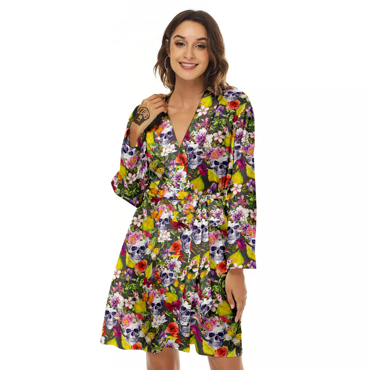 Skull Blossom Flowers Print Pattern Women's Robe-grizzshop
