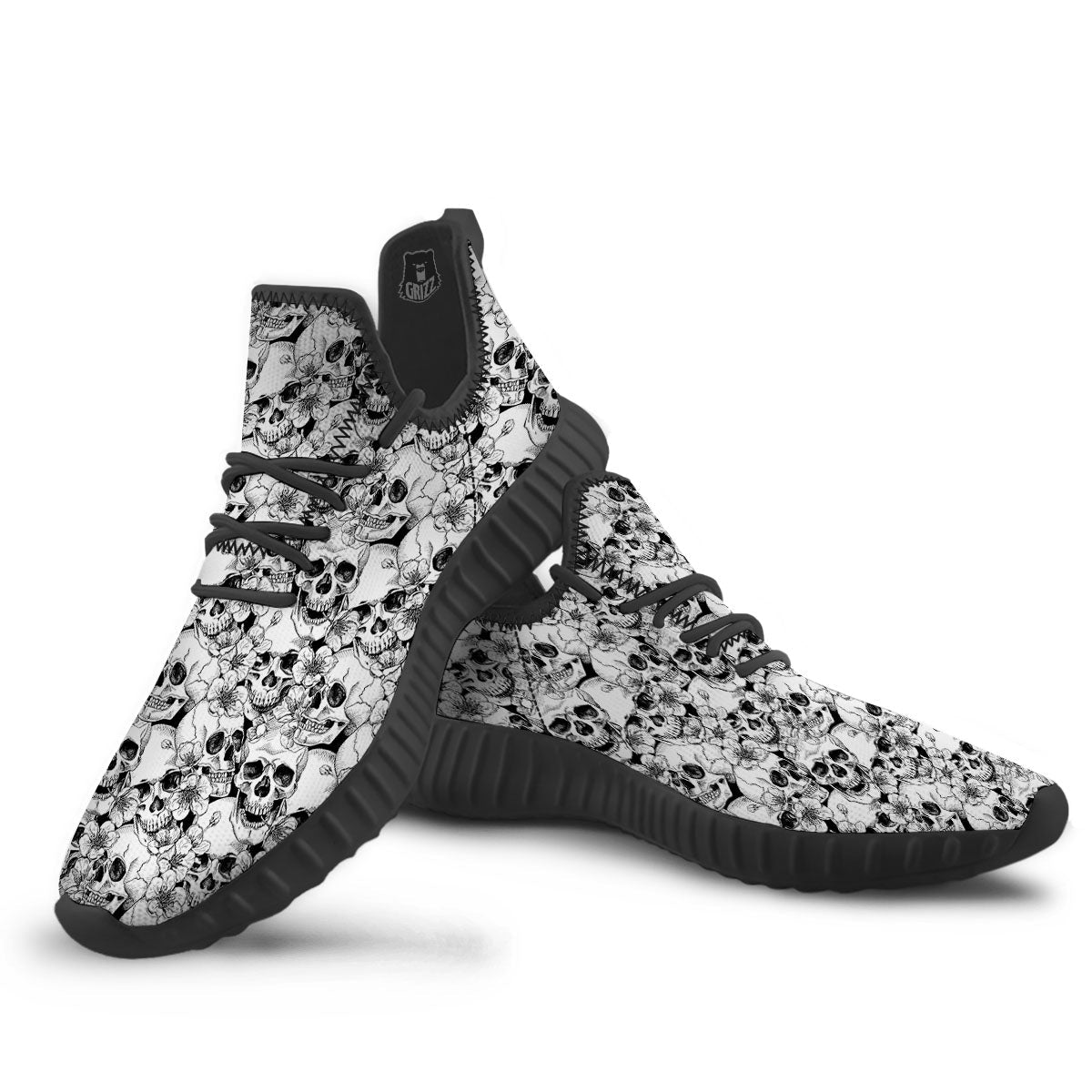 Skull Blossom Peony Print Pattern Black Walking Shoes-grizzshop