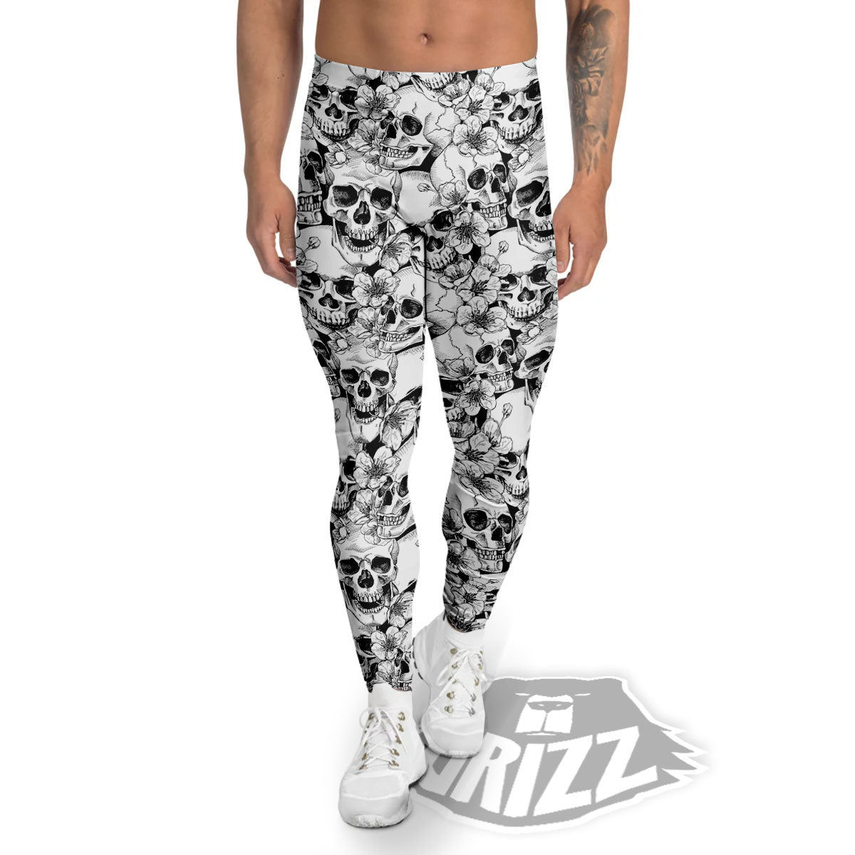 Skull Blossom Peony Print Pattern Men's Leggings-grizzshop