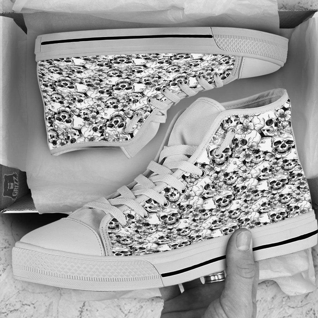 Skull Blossom Peony Print Pattern White High Top Shoes-grizzshop