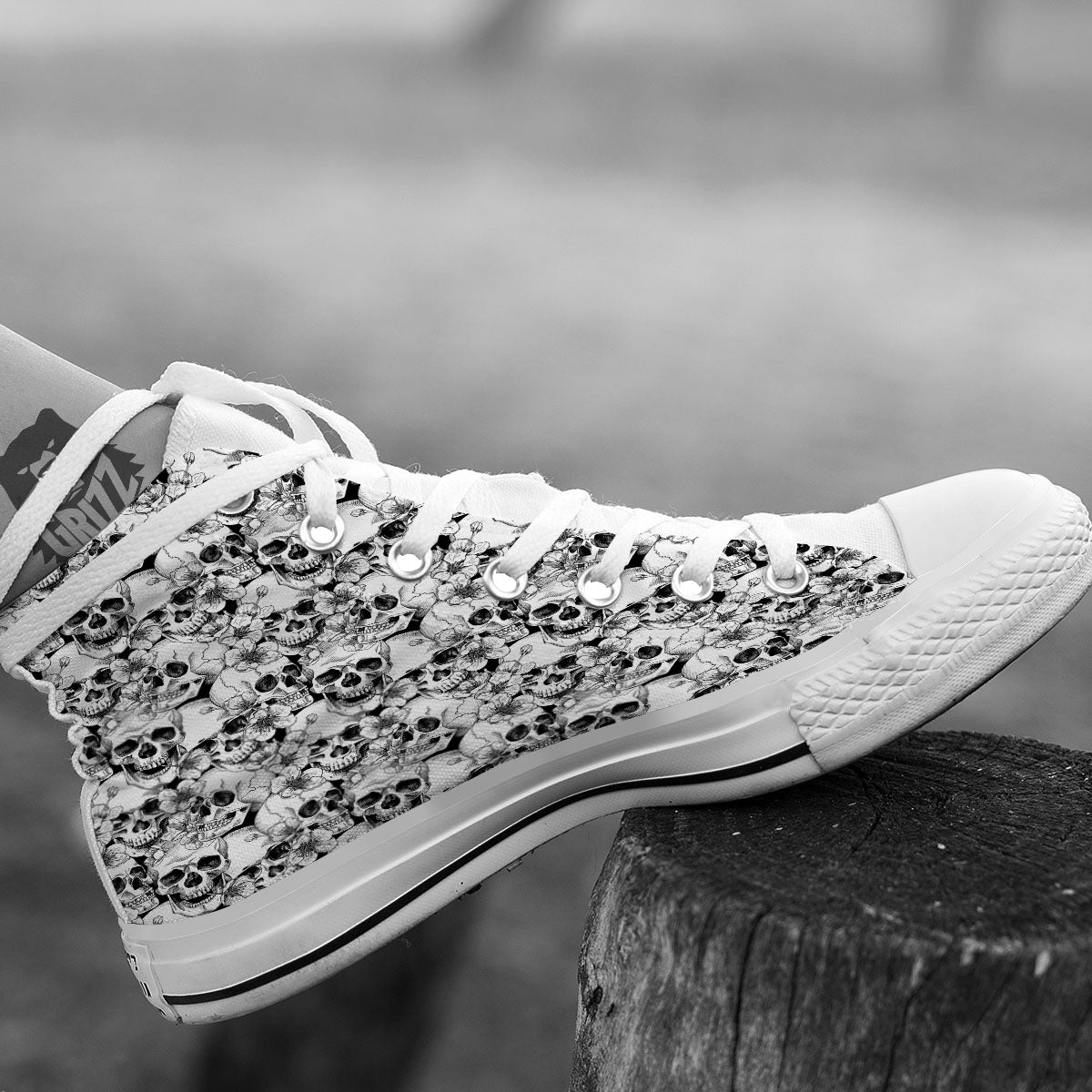 Skull Blossom Peony Print Pattern White High Top Shoes-grizzshop