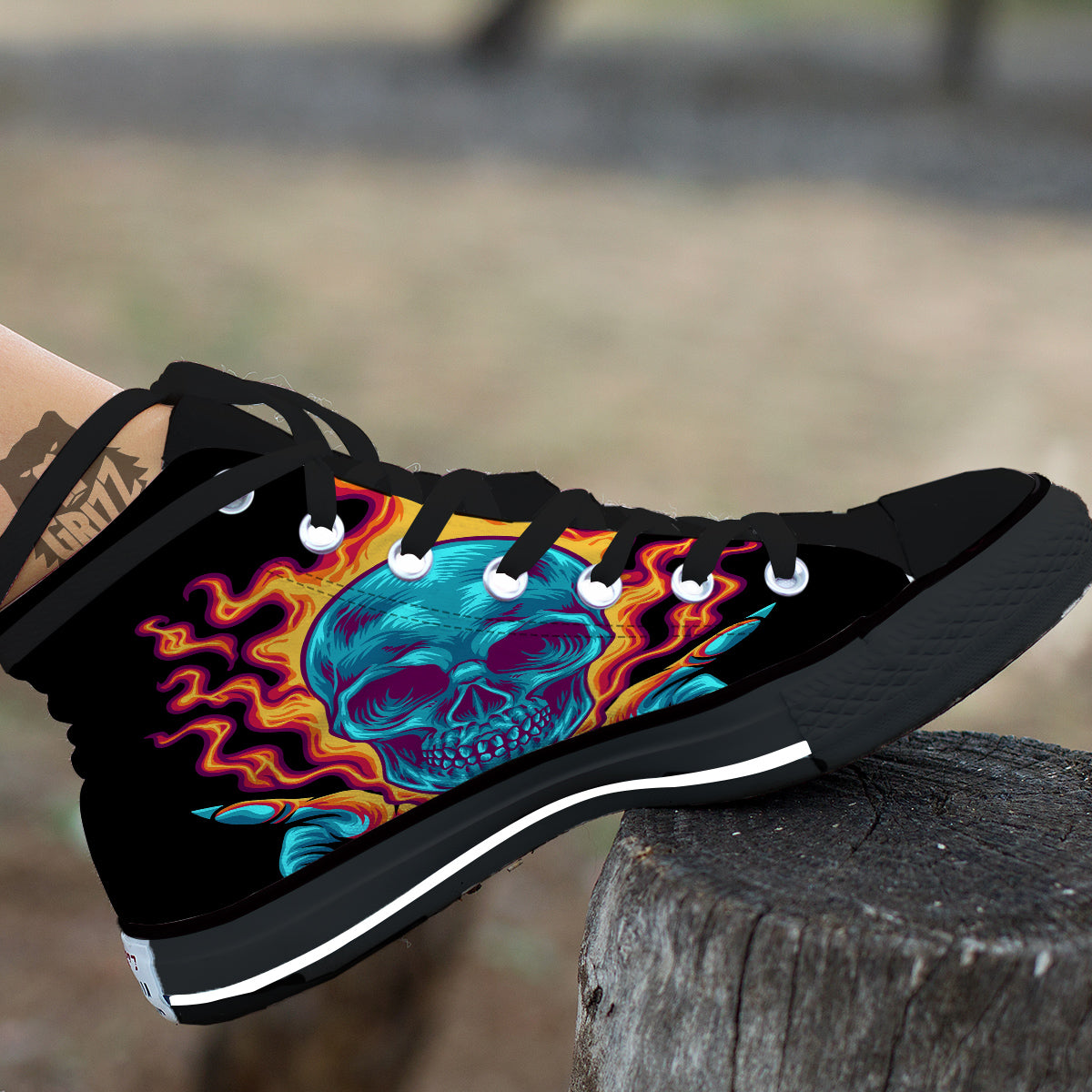 Skull Burning Print Black High Top Shoes-grizzshop