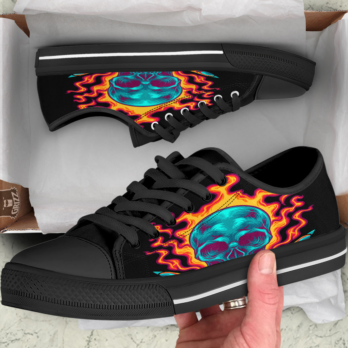 Skull Burning Print Black Low Top Shoes-grizzshop