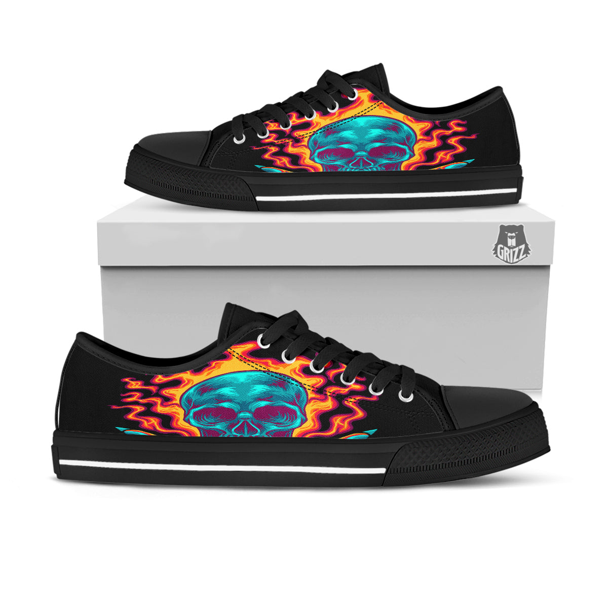 Skull Burning Print Black Low Top Shoes-grizzshop