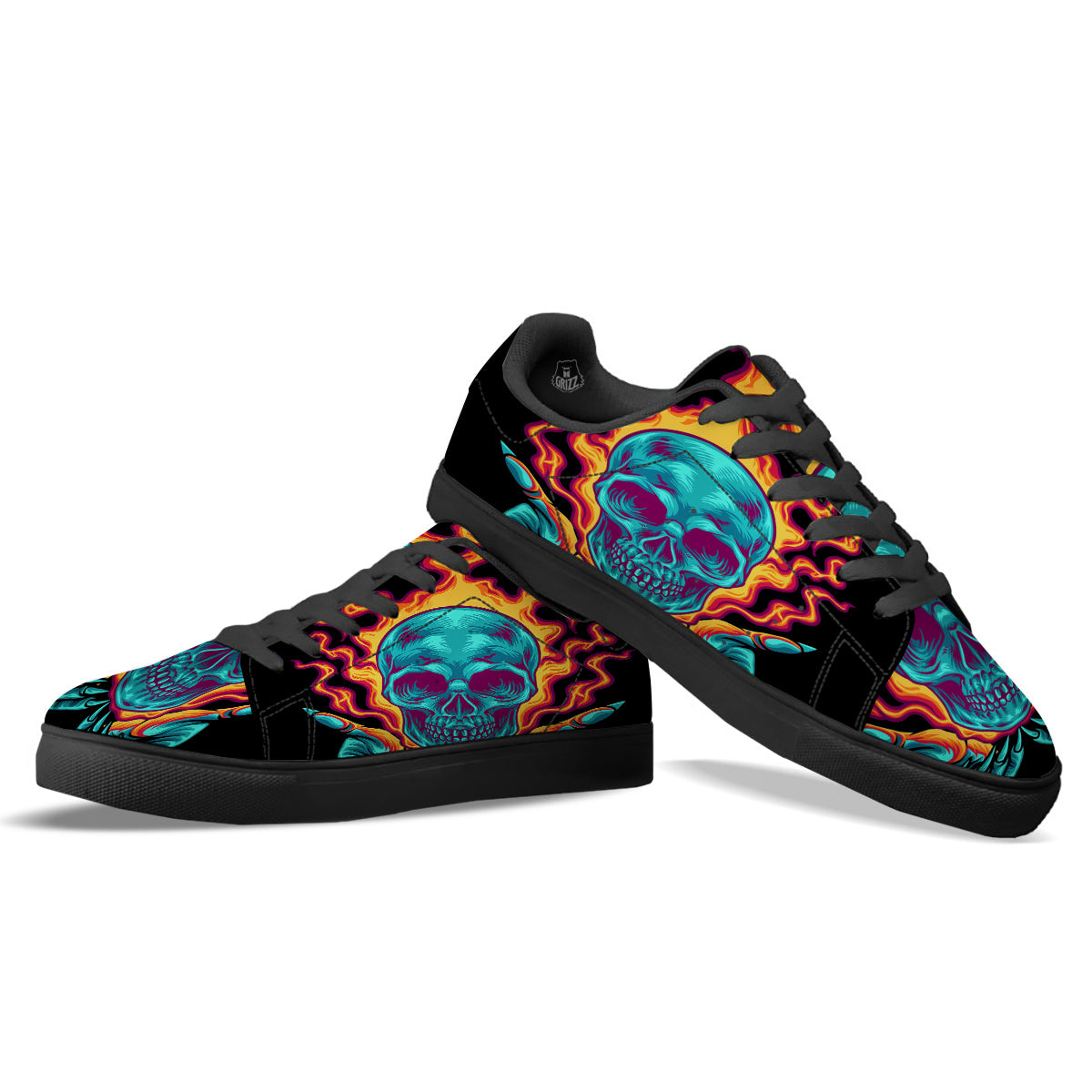 Skull Burning Print Black Low Top Sneakers-grizzshop