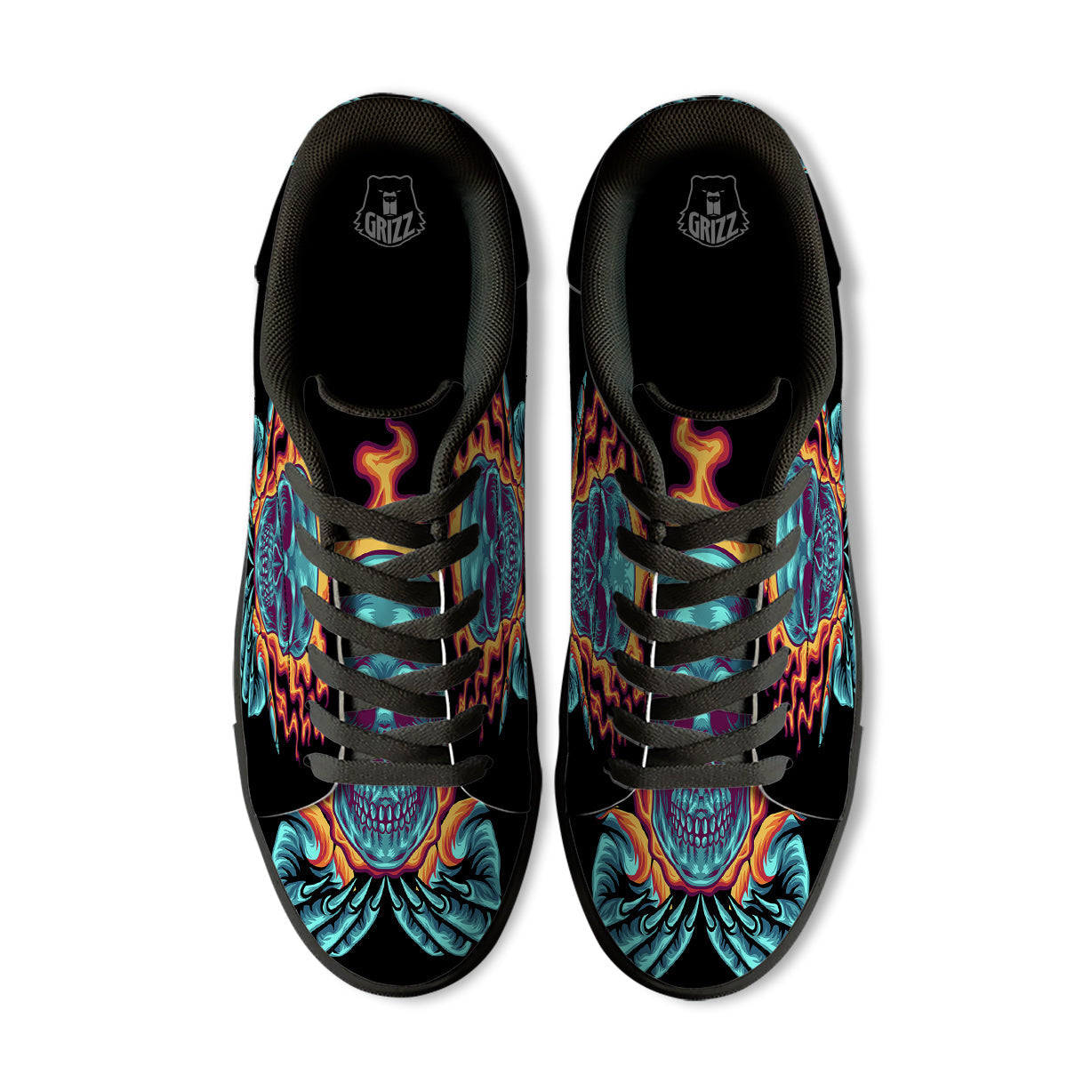 Skull Burning Print Black Low Top Sneakers-grizzshop