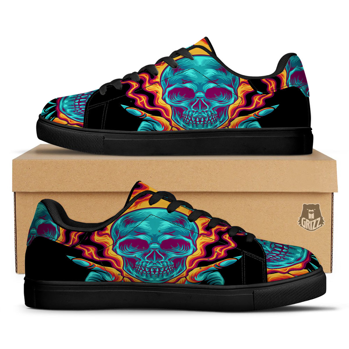 Skull Burning Print Black Low Top Sneakers-grizzshop