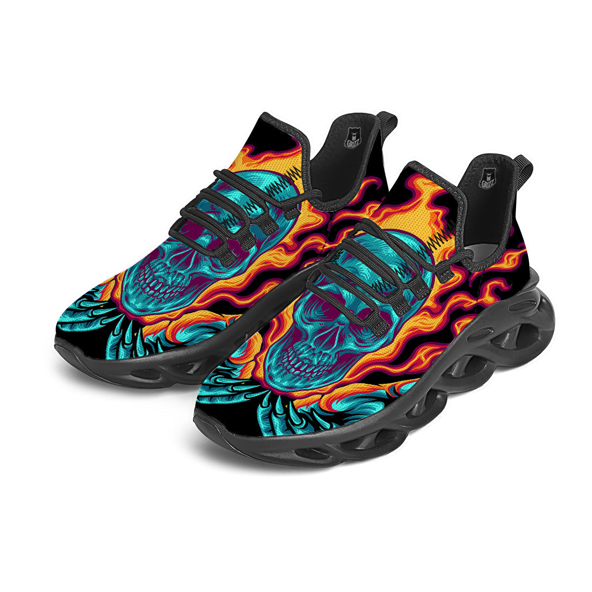 Skull Burning Print Black Running Shoes-grizzshop