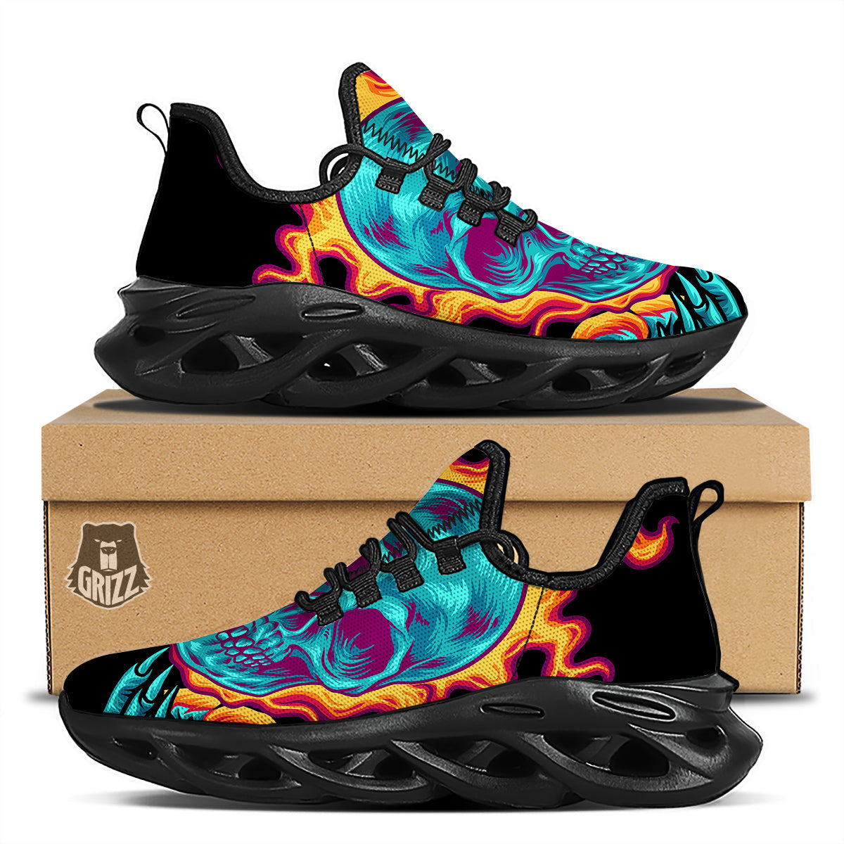 Skull Burning Print Black Running Shoes-grizzshop