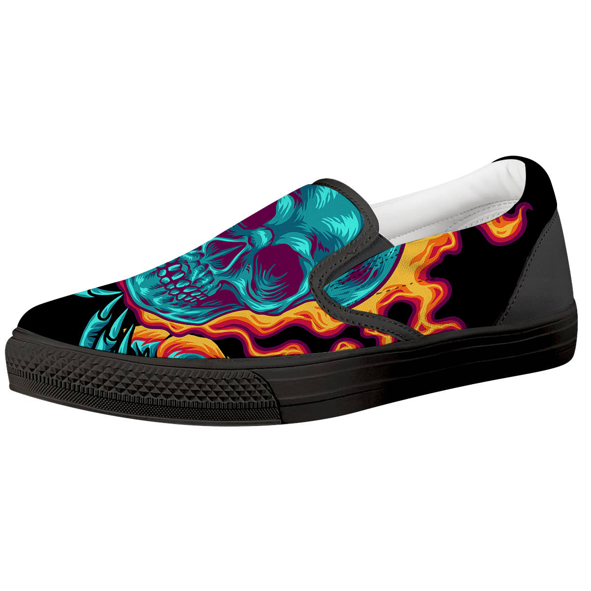 Skull Burning Print Black Slip On Shoes-grizzshop