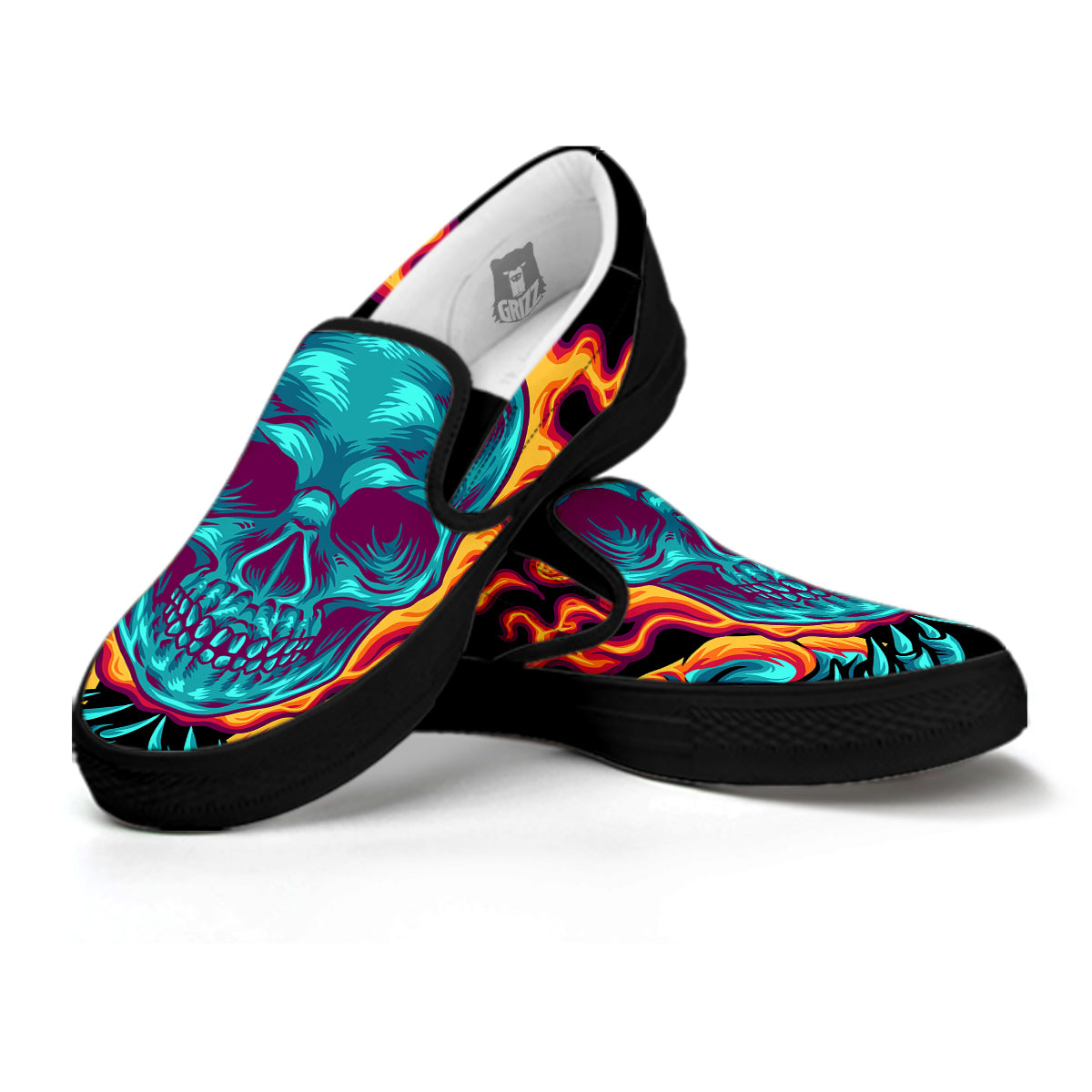Skull Burning Print Black Slip On Shoes-grizzshop