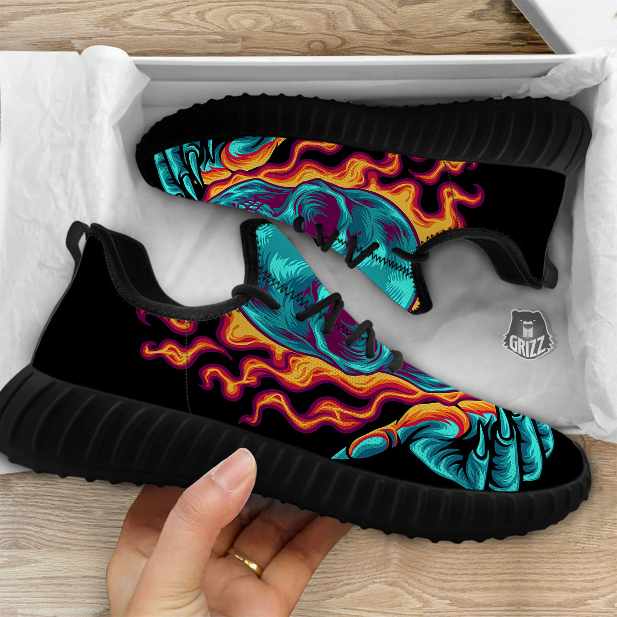 Skull Burning Print Black Walking Shoes-grizzshop