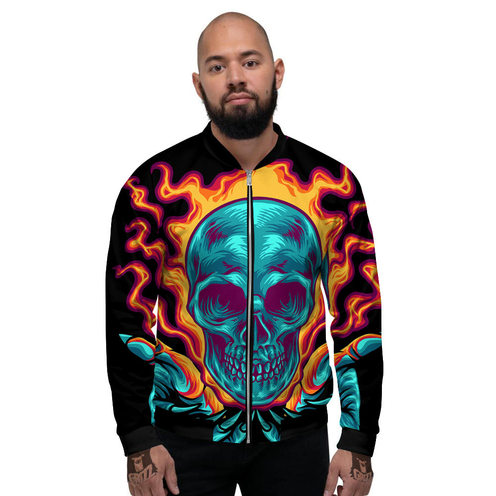 Skull Burning Print Men's Bomber Jacket-grizzshop