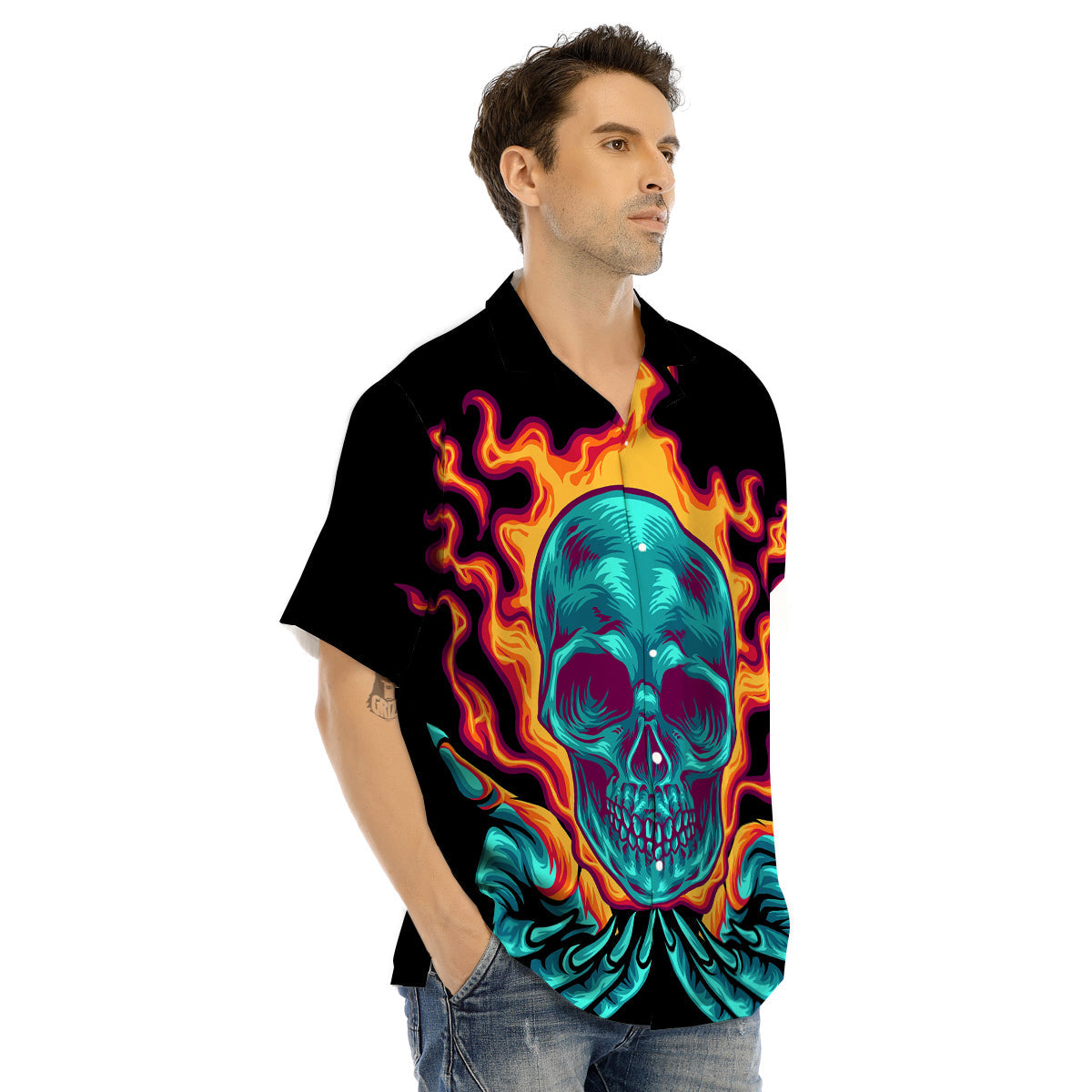 Skull Burning Print Men's Hawaiian Shirt-grizzshop