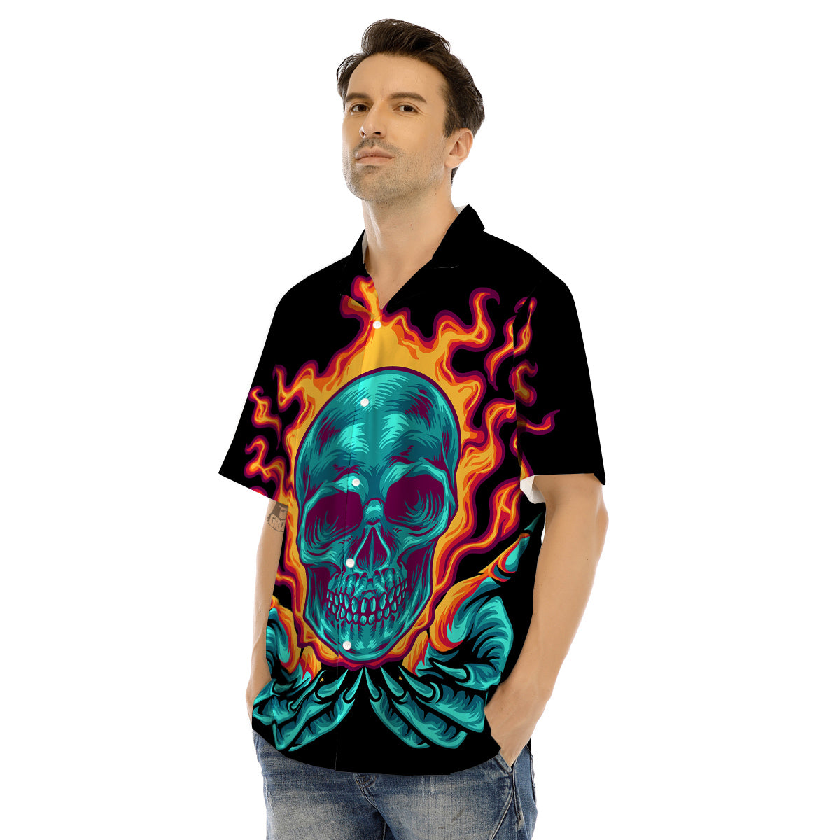 Skull Burning Print Men's Hawaiian Shirt-grizzshop