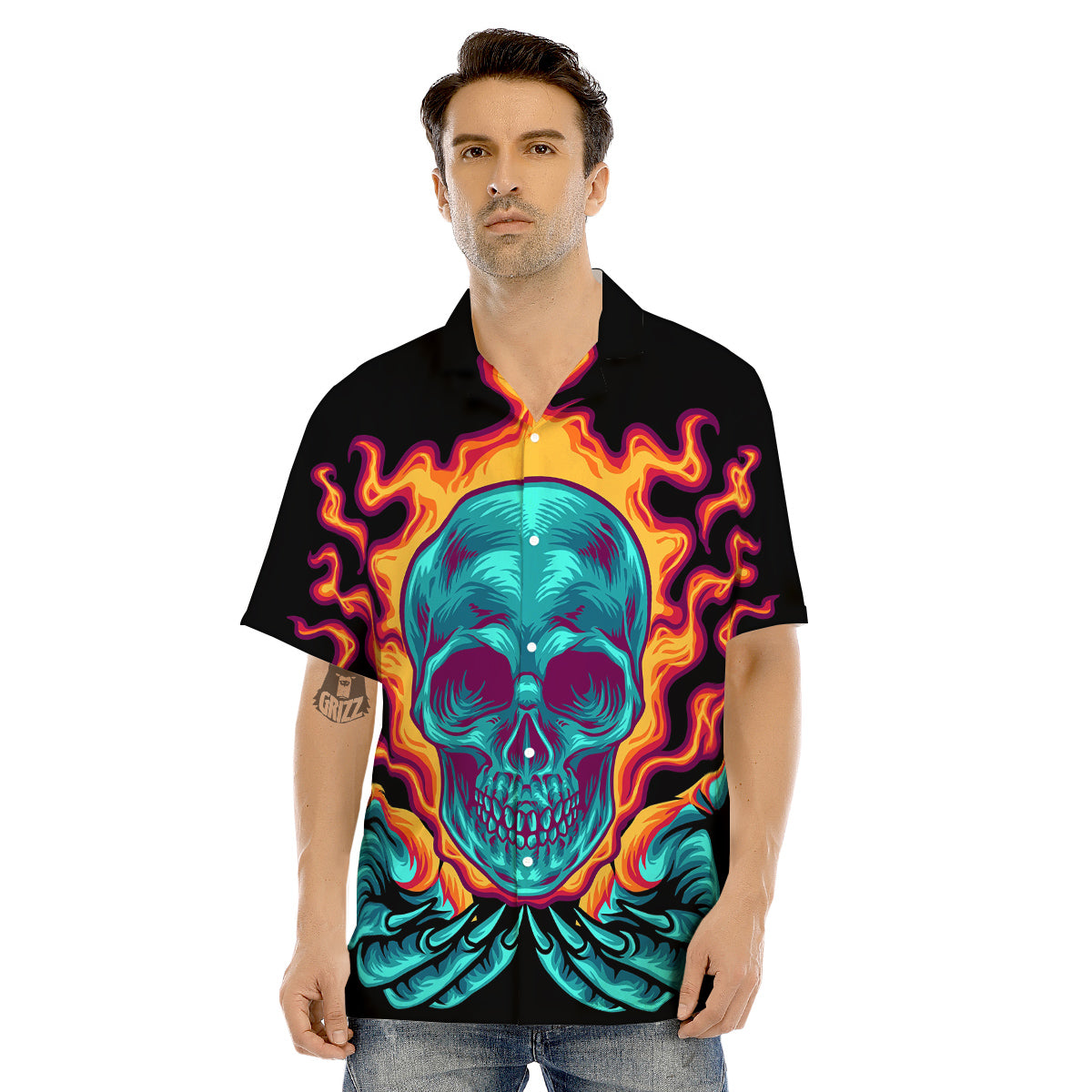 Skull Burning Print Men's Hawaiian Shirt-grizzshop