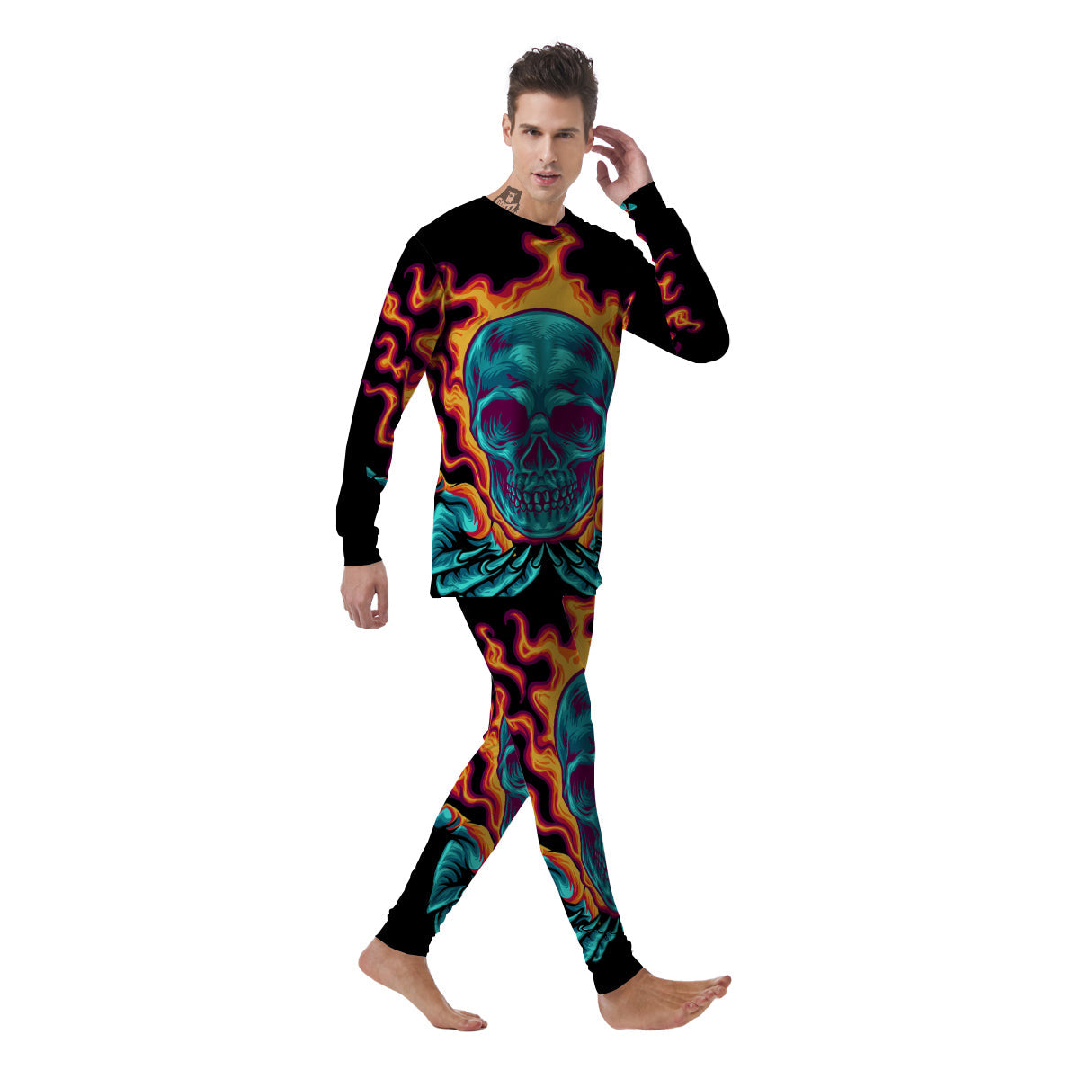 Skull Burning Print Men's Pajamas-grizzshop