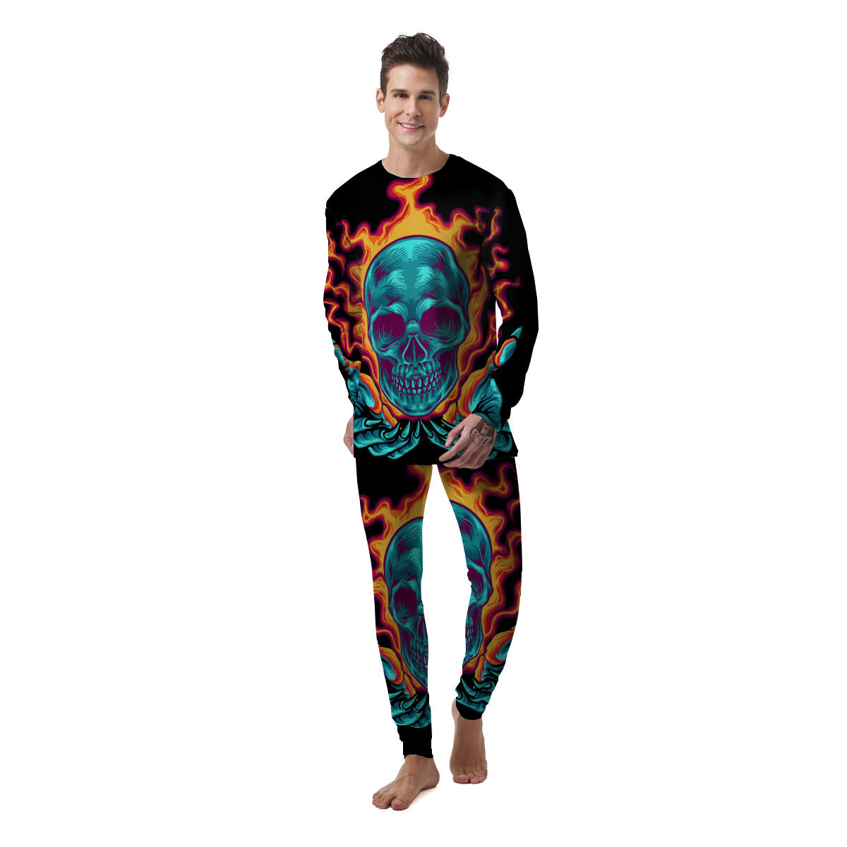 Skull Burning Print Men's Pajamas-grizzshop