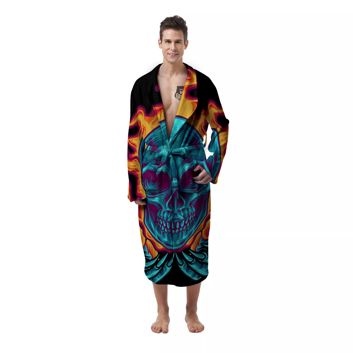 Skull Burning Print Men's Robe-grizzshop