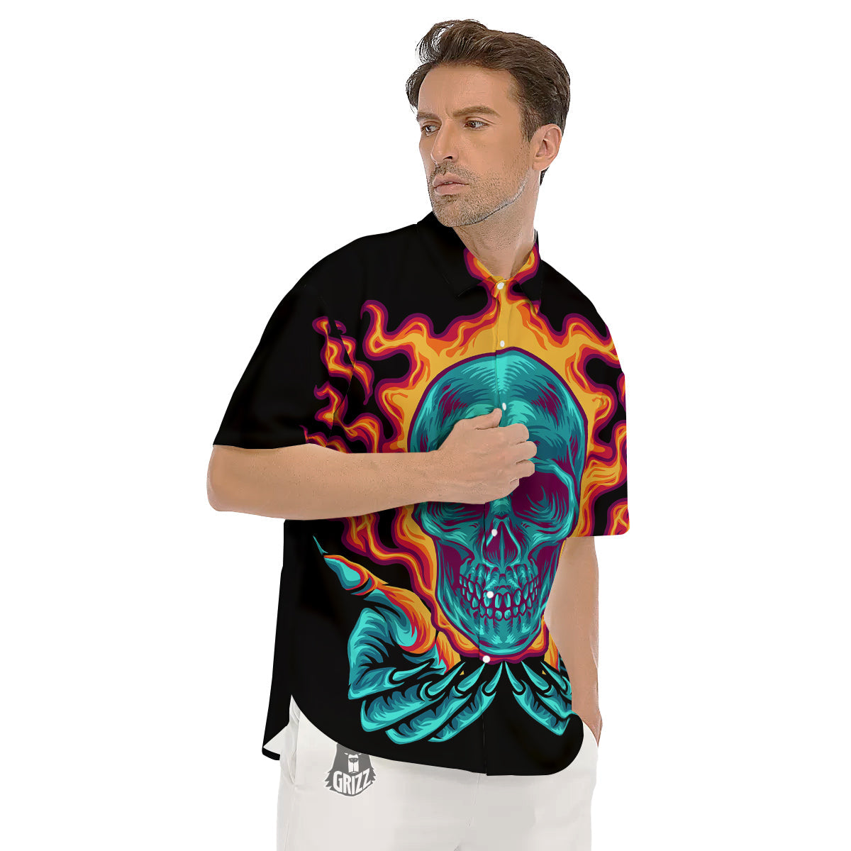 Skull Burning Print Men's Short Sleeve Shirts-grizzshop