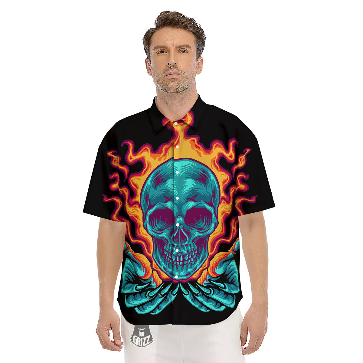 Skull Burning Print Men's Short Sleeve Shirts-grizzshop