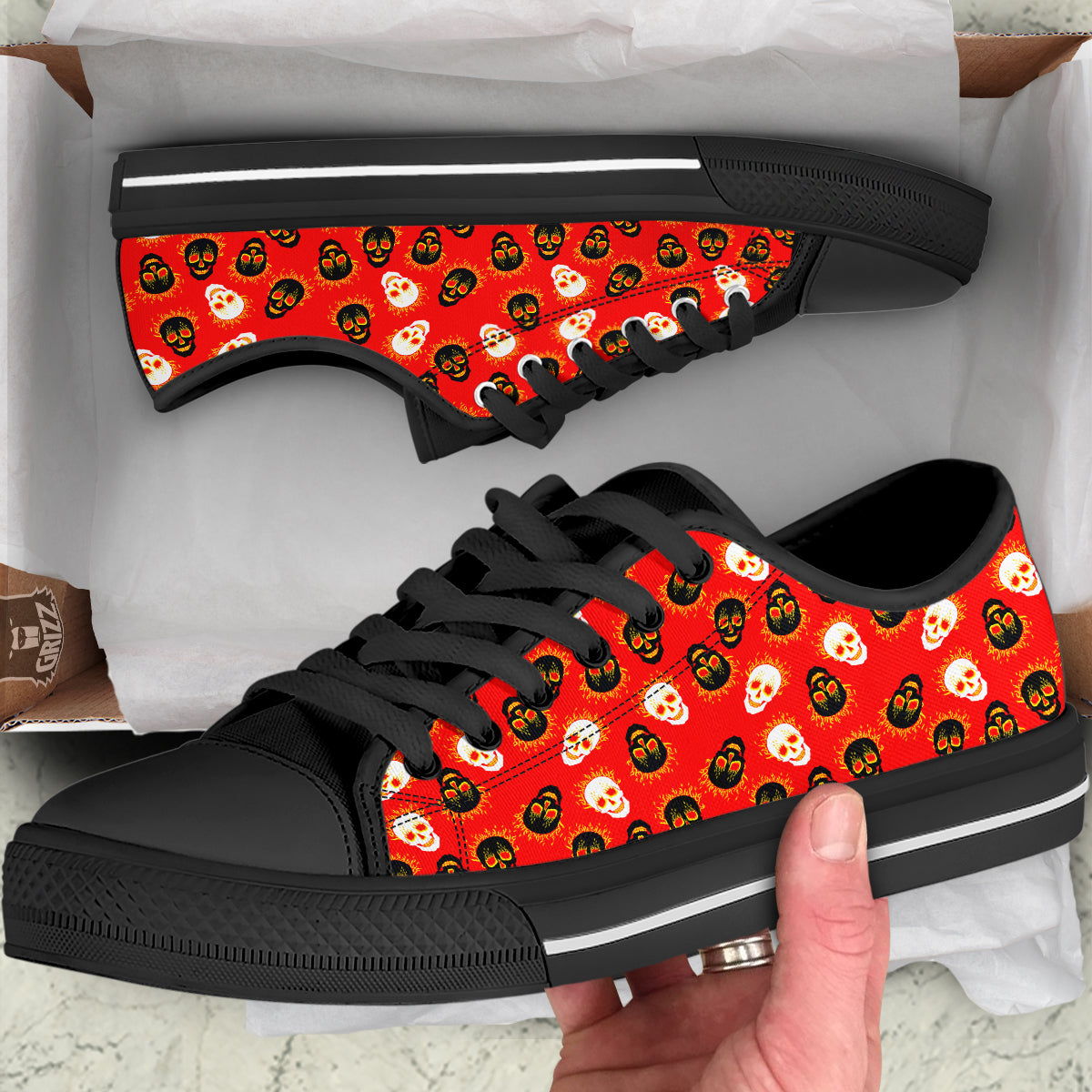 Skull Burning Print Pattern Black Low Top Shoes-grizzshop