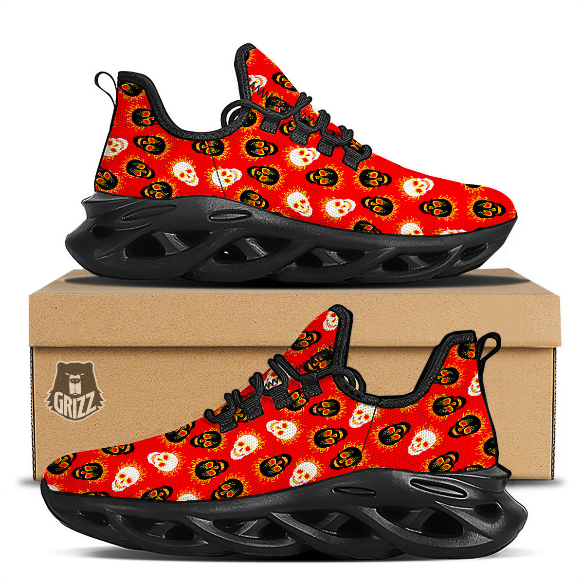 Skull Burning Print Pattern Black Running Shoes-grizzshop
