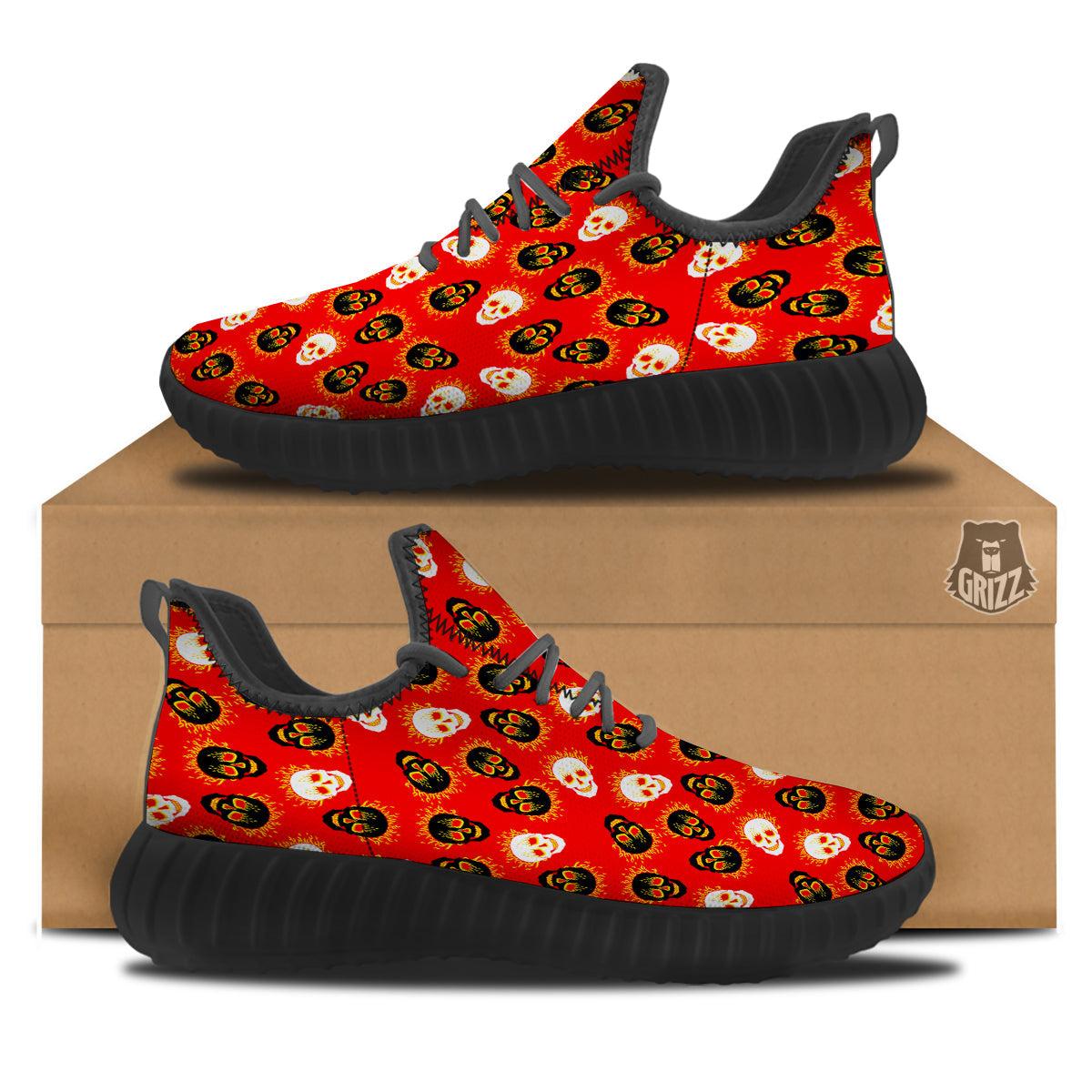 Skull Burning Print Pattern Black Walking Shoes-grizzshop