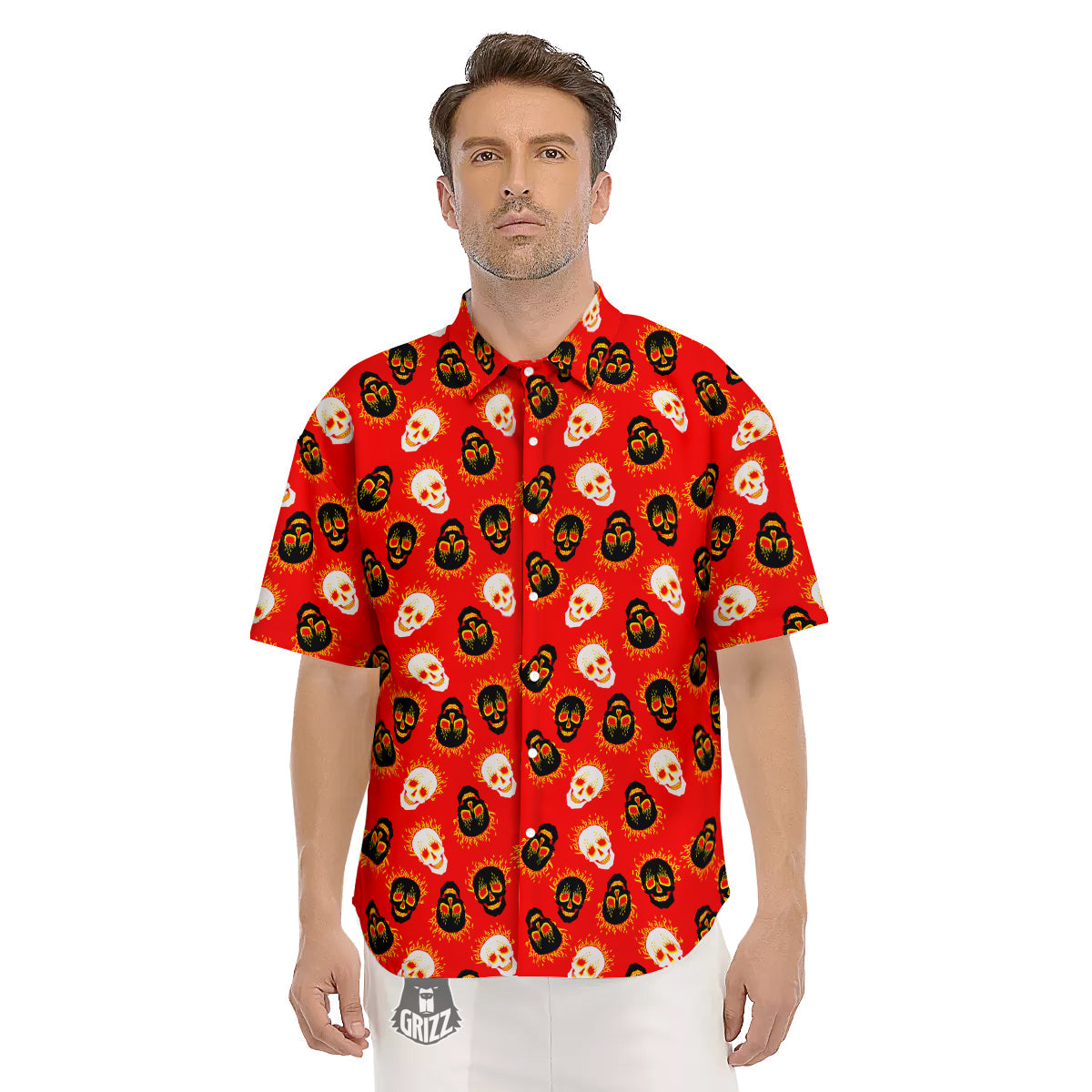 Skull Burning Print Pattern Men's Short Sleeve Shirts-grizzshop