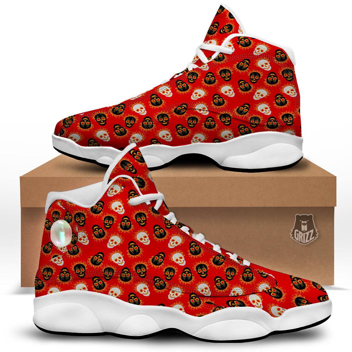 Skull Burning Print Pattern White Basketball Shoes-grizzshop