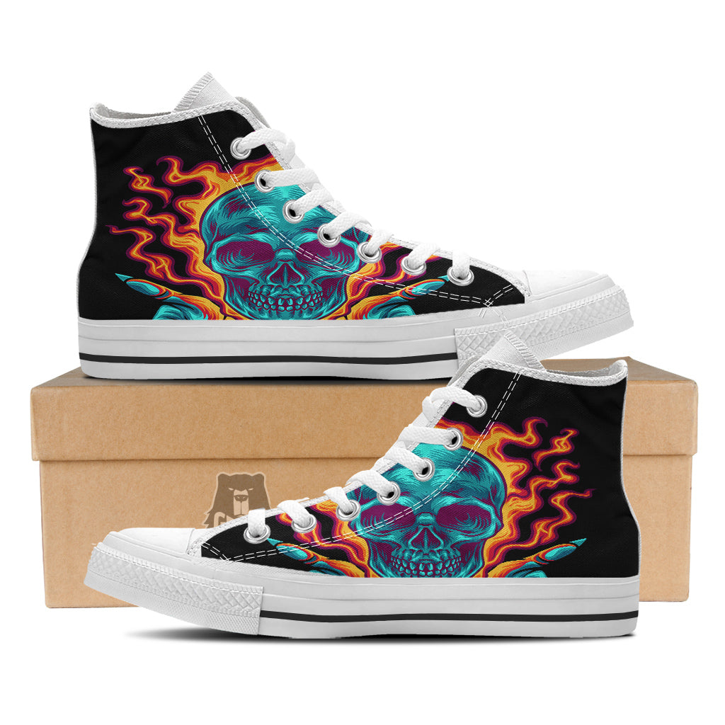Skull Burning Print White High Top Shoes-grizzshop
