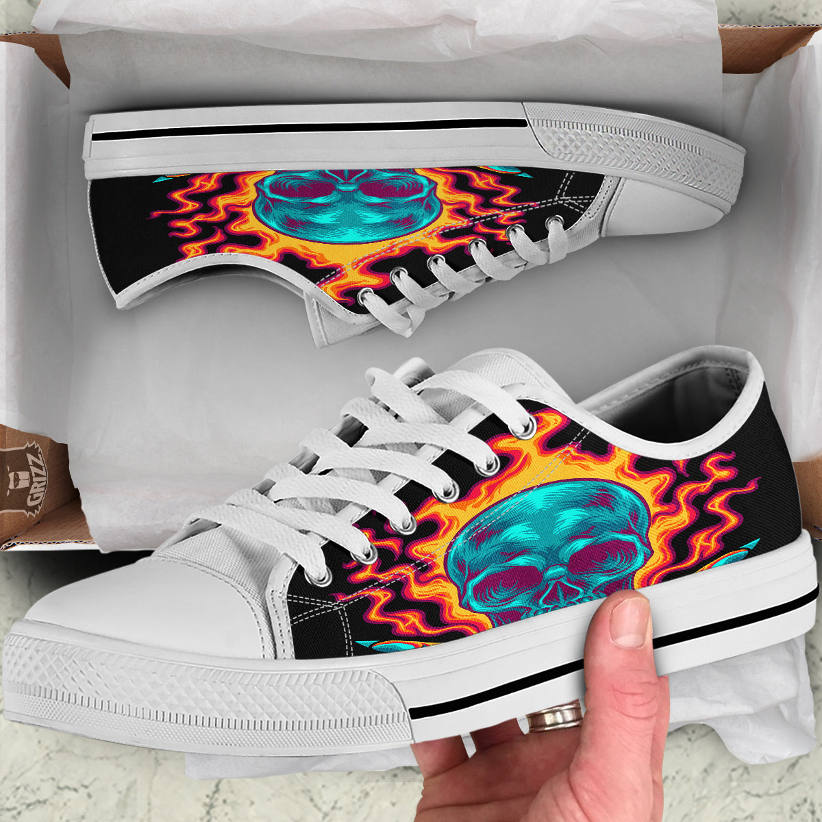 Skull Burning Print White Low Top Shoes-grizzshop