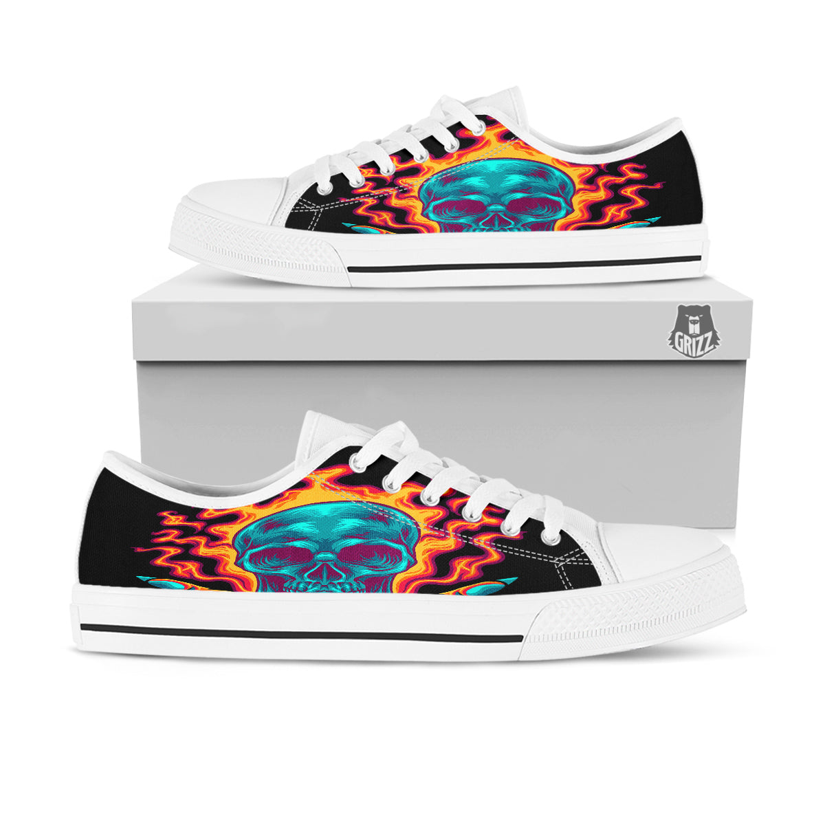 Skull Burning Print White Low Top Shoes-grizzshop