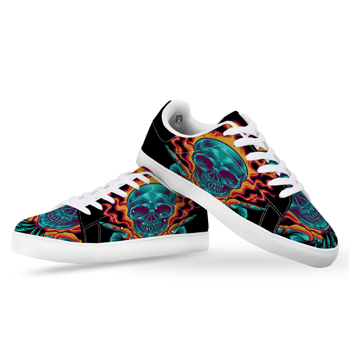 Skull Burning Print White Low Top Sneakers-grizzshop