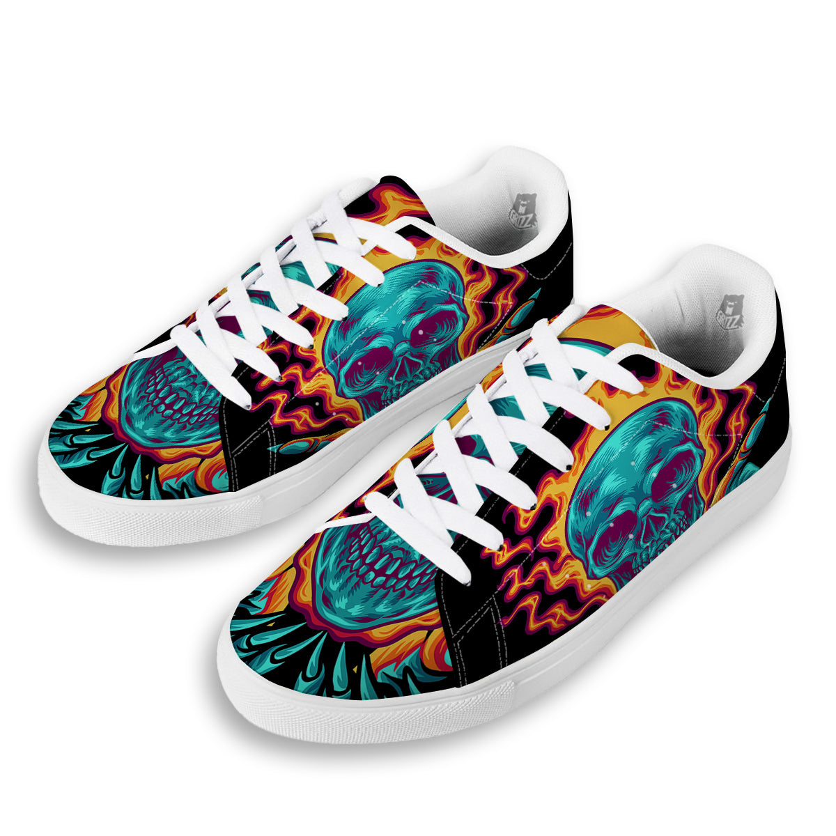Skull Burning Print White Low Top Sneakers-grizzshop