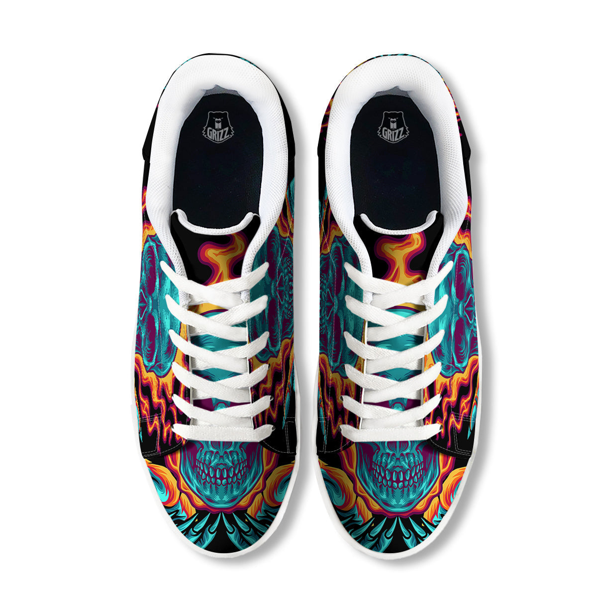Skull Burning Print White Low Top Sneakers-grizzshop