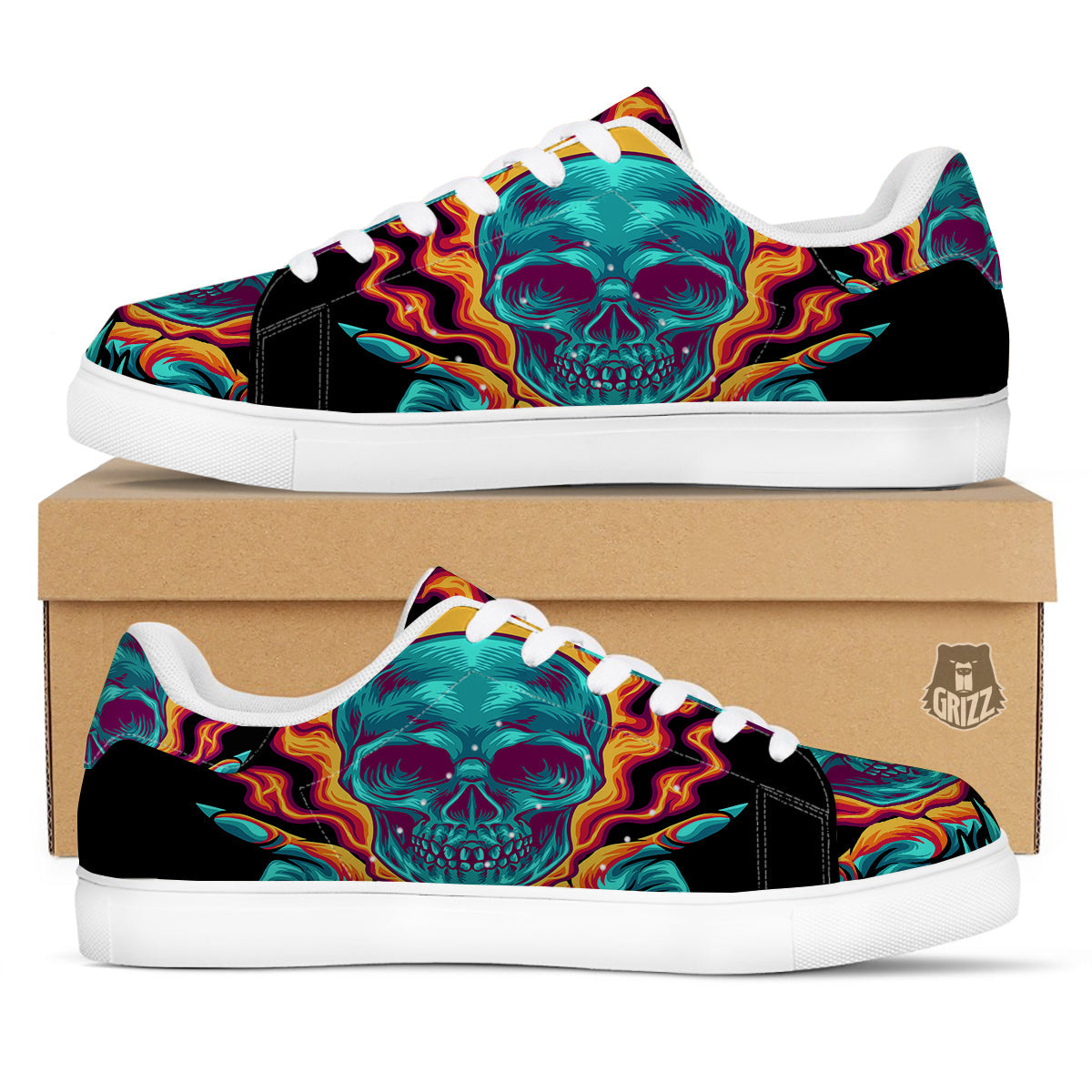 Skull Burning Print White Low Top Sneakers-grizzshop