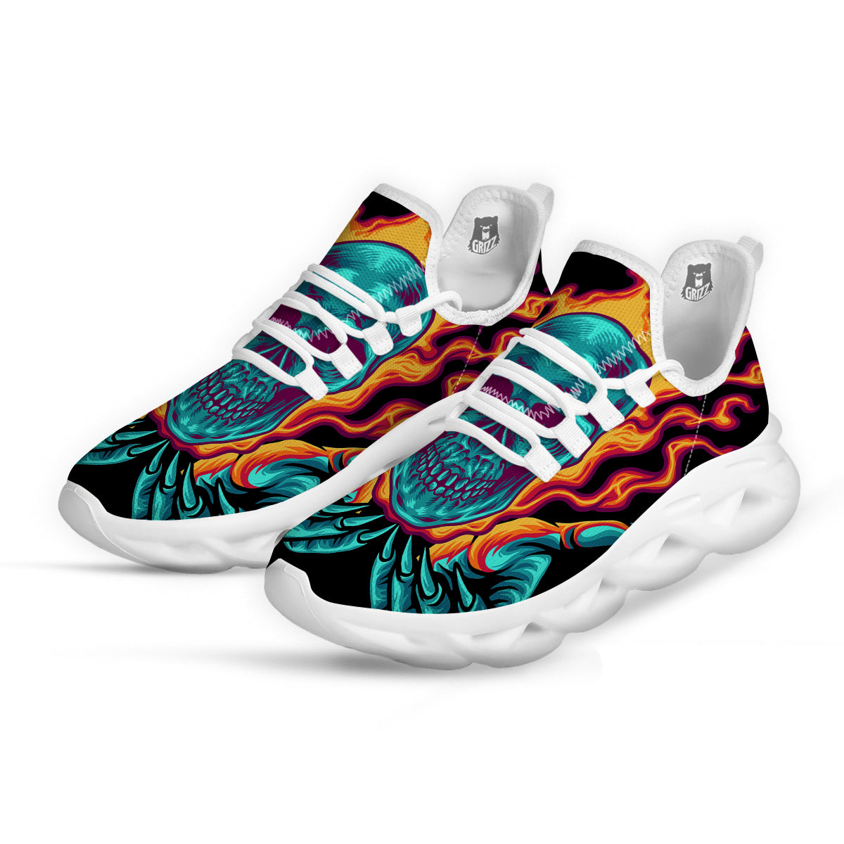 Skull Burning Print White Running Shoes-grizzshop