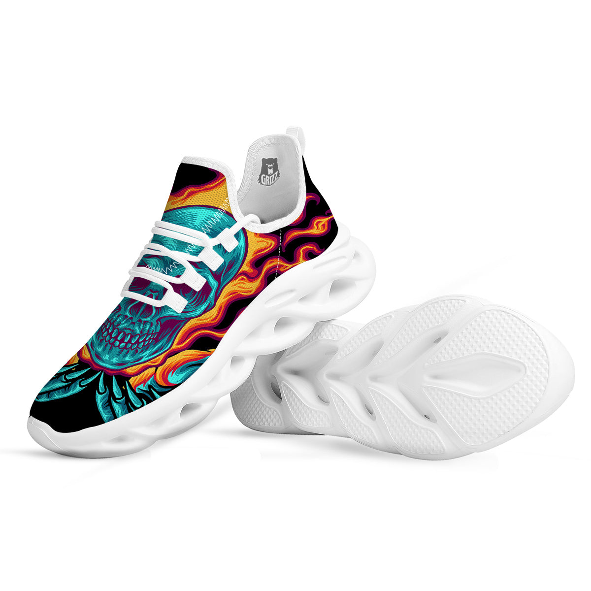 Skull Burning Print White Running Shoes-grizzshop