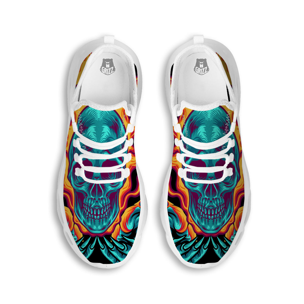 Skull Burning Print White Running Shoes-grizzshop