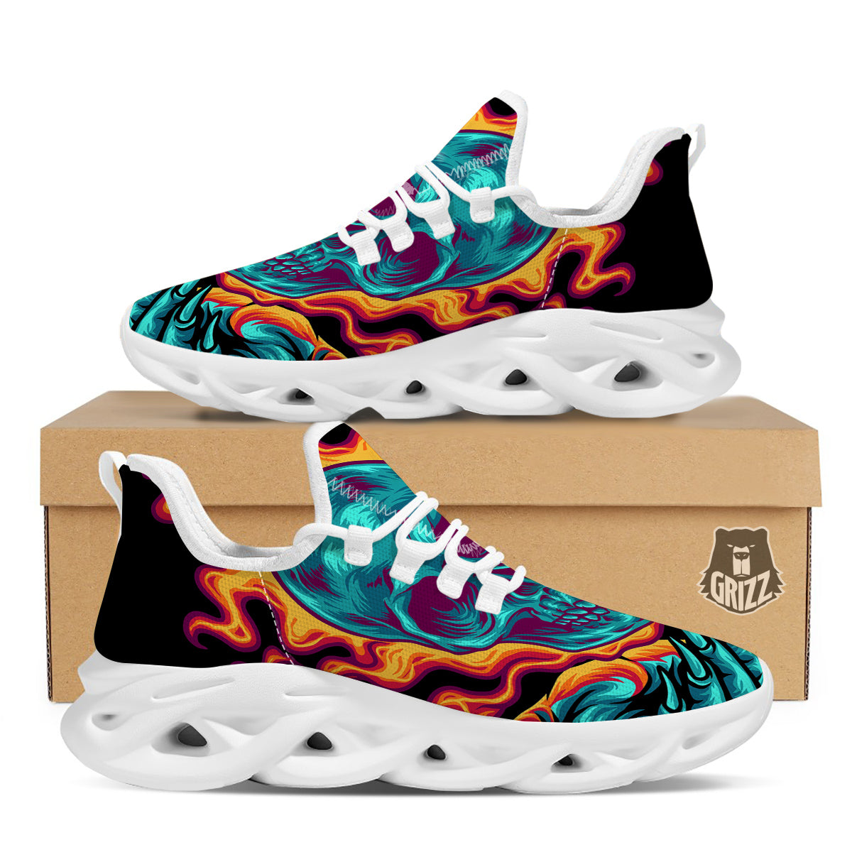 Skull Burning Print White Running Shoes-grizzshop