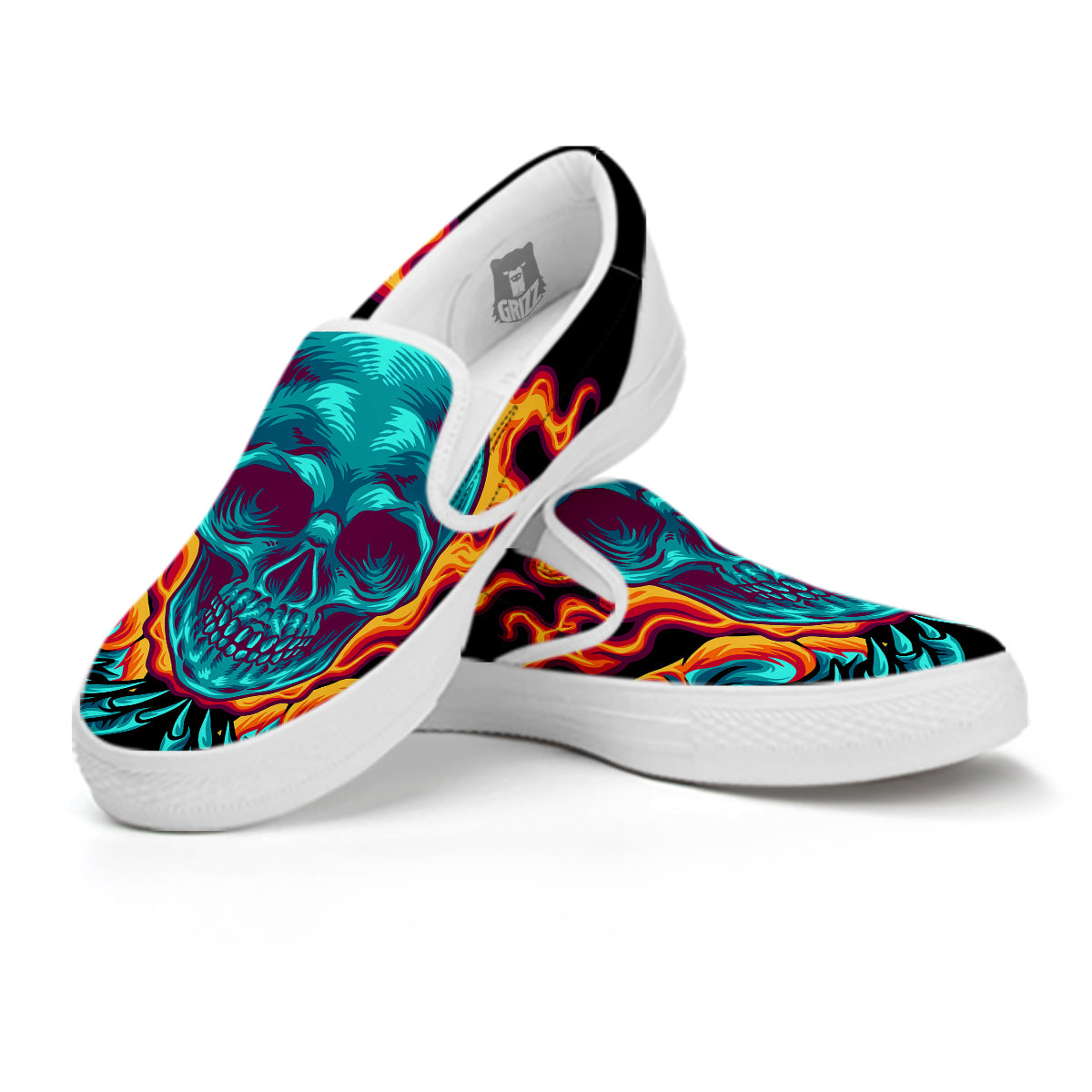 Skull Burning Print White Slip On Shoes-grizzshop