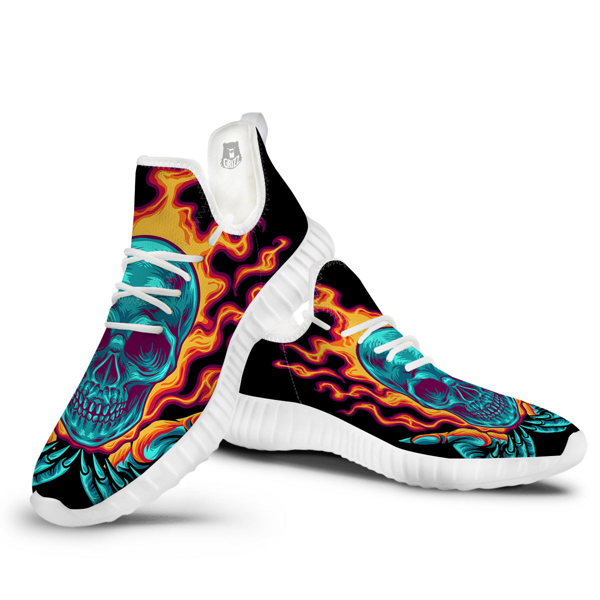 Skull Burning Print White Walking Shoes-grizzshop
